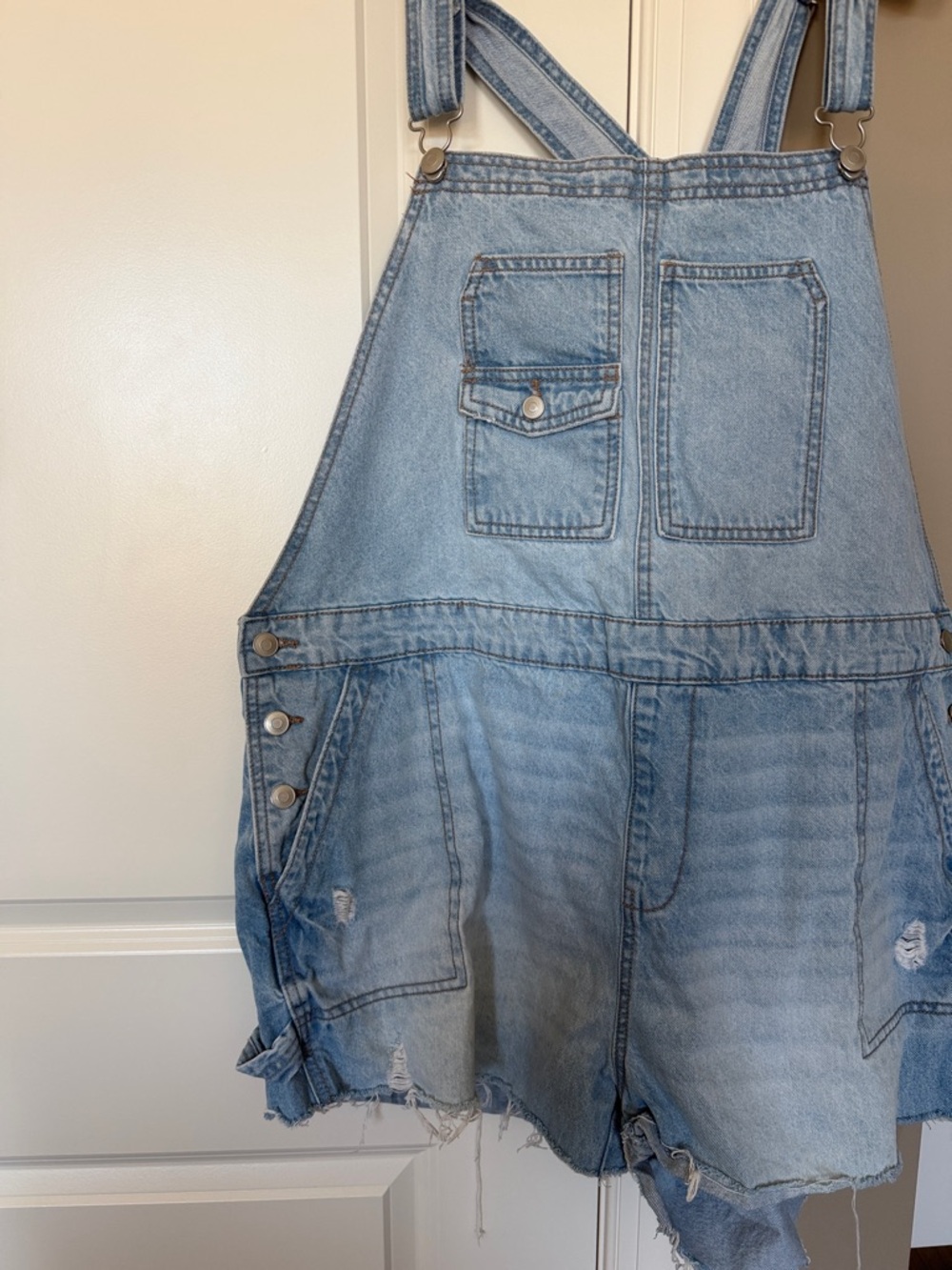 Celebrity Pink Light Blue Distressed Denim Short Overalls